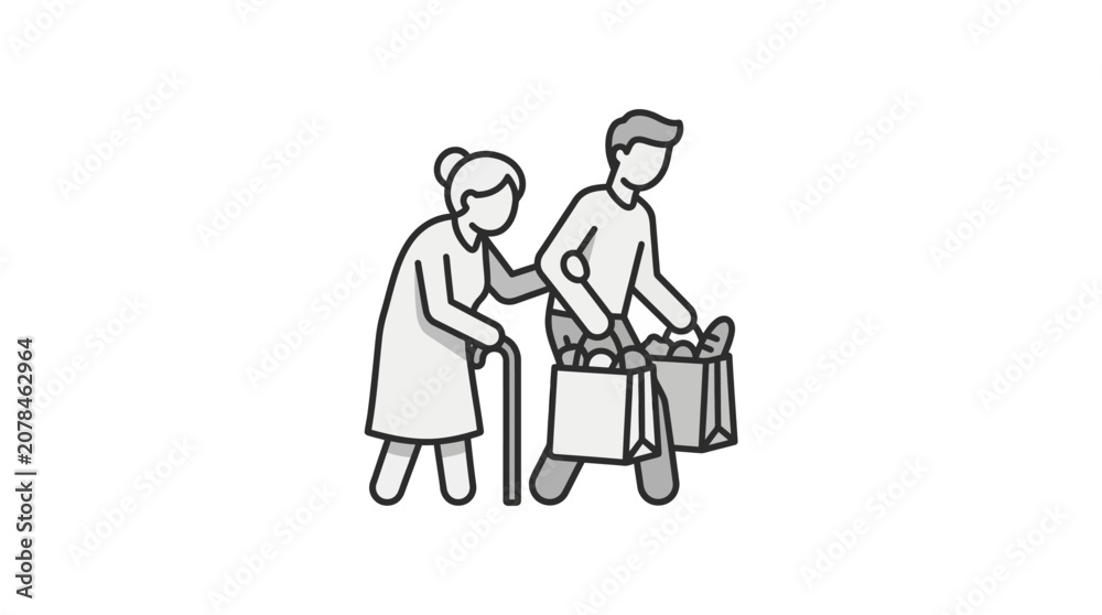 Obraz premium Young man helping elderly woman carry grocery bags.