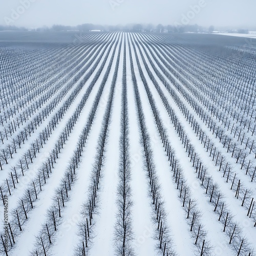 Snow-Covered Vineyard Rows in Winter Landscape.