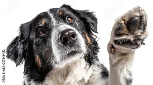 Dog giving a paw, isolated on a white background