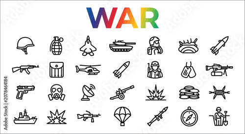 Bild auf Leinwand Warfare icons collection a set of black line drawings depicting military equipme