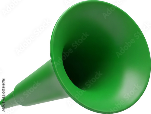 Green plastic funnel on white background.