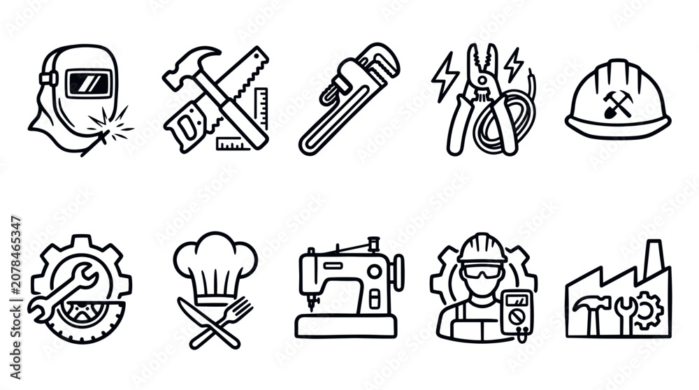 Fototapeta premium Technical Skills and Vocational Training Outline Icon Collection