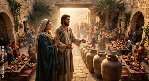 Bible, A powerful, high-contrast digital painting of Jesus standing near the row of large, empty stone water jars. He is gesturing calmly toward them