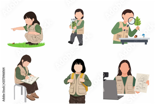 Konstfotografi Vector illustration set of a young girl exploring nature, studying biology, and learning about insects and plants
