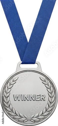 Shiny silver medal with blue ribbon and winner text.