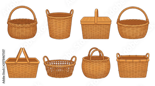 Cuadro en lienzo Woven wicker basket collection, set of 8 brown rattan picnic hampers and storage