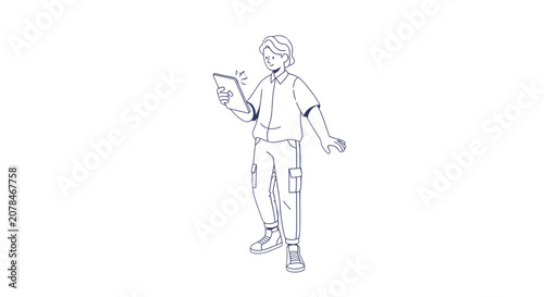 Foto Man with prosthetic leg holding tablet.