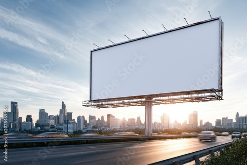 Blank billboard standing above highway with urban city skyline during golden hour in wide angle photography for outdoor advertising marketing