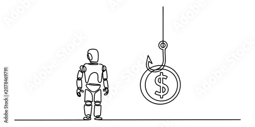 Принти на полотні A robot standing and looking at a dollar coin hanging on a fishing hook represen