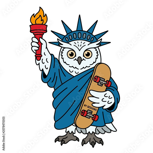 Owl wearing Statue of Liberty costume.