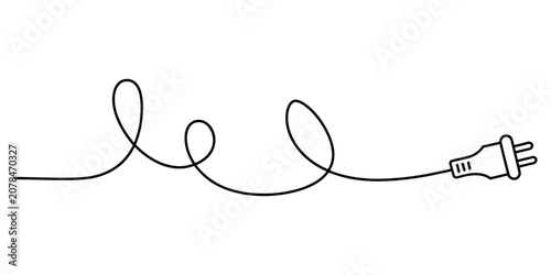 Photography Black electric plug with a long tangled cord drawn as a single continuous thin l