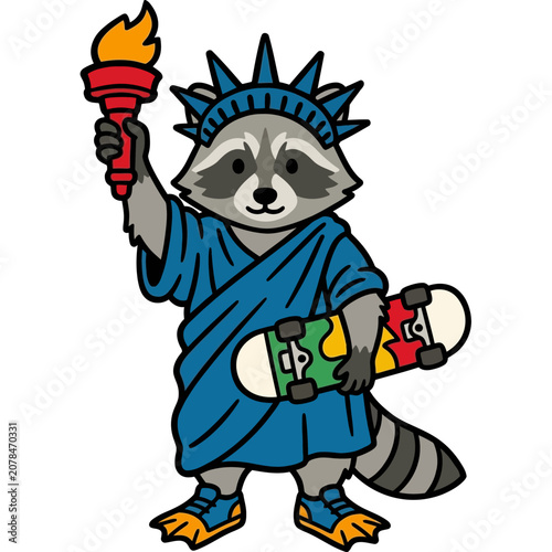 Raccoon dressed as Statue Liberty skateboarder.