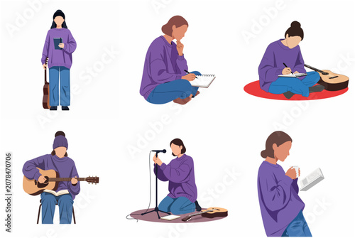 Cuadro en lienzo Creative Young Woman Vector Illustration Set Depicting Hobbies Like Playing Guit