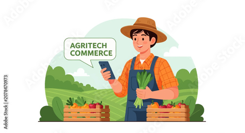 Young male farmer in hat and overalls using smartphone to sell produce, holding green vegetables by crates of carrots and peppers in rural field, agritech commerce vector.