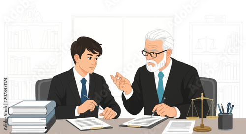 A young lawyer and an experienced senior legal professional discuss case documents in a law office with bookshelves and a scale of justice on the desk. Vector illustration.