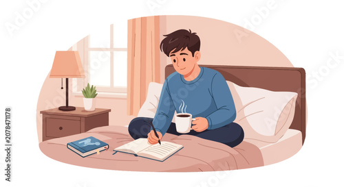 Vector illustration of a young man sitting on a bed and writing in a journal while holding a coffee mug, bedroom interior with nightstand, lamp, and window background.
