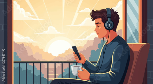 Vector illustration of a young man wearing over-ear headphones sitting on a balcony at sunrise, holding a smartphone and a white coffee mug while looking at the screen.
