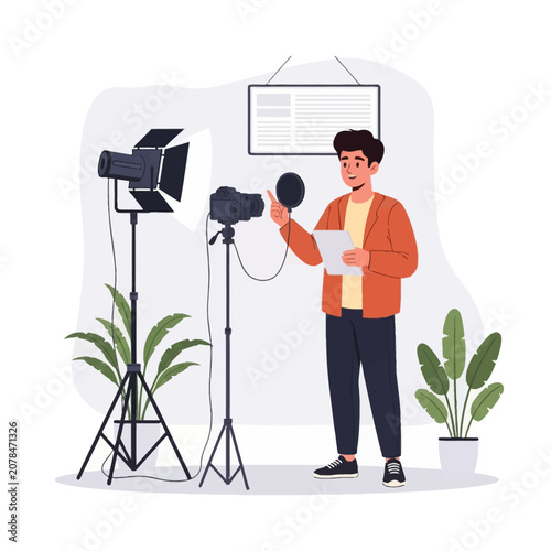 Flat vector illustration of a young man in an orange blazer recording a video in a studio with a DSLR camera on a tripod, professional lighting equipment, pop filter microphone, and a script.