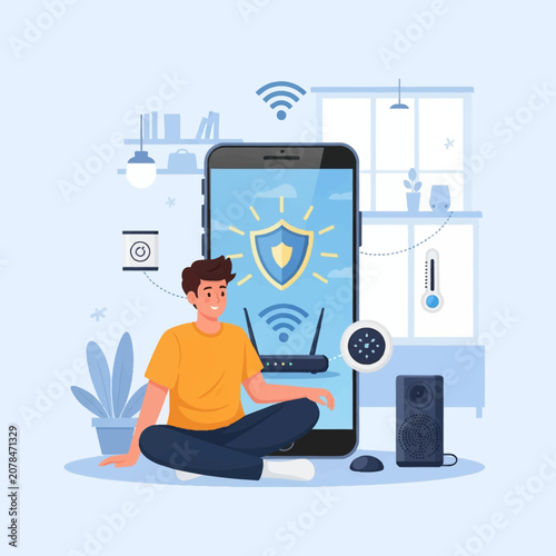 Vector illustration of a young man sitting by a large smartphone screen showing a security shield and Wi-Fi router, symbolizing network protection for connected smart home devices.