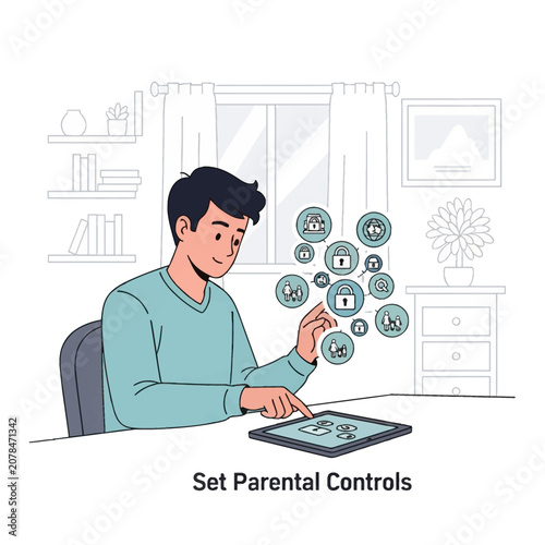 Young man sitting at a desk using a tablet to manage parental control settings with floating security icons including locks and family silhouettes in a home setting illustration.