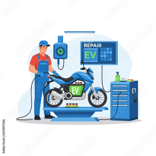 Male mechanic in blue overalls charging electric motorcycle in modern repair shop garage featuring diagnostic screen, battery service station, tool cabinet and sustainable transport tech.