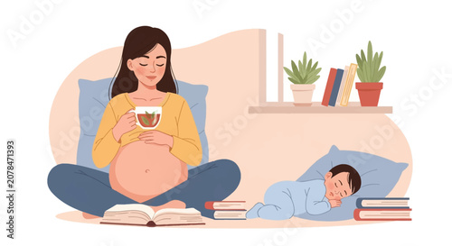 Vector illustration of a pregnant woman drinking herbal tea and reading books while her baby sleeps on a pillow nearby in a cozy home environment with indoor plants.