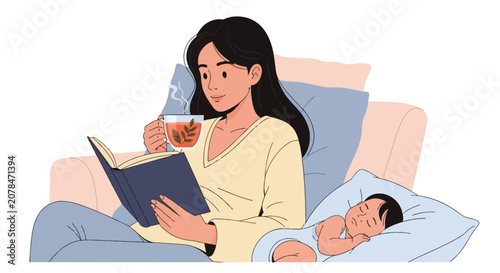 Vector illustration of a young mother sitting on a couch reading a book and drinking hot herbal tea while her newborn baby sleeps peacefully on a blue pillow, white background.