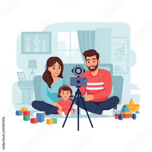 Vector illustration of young parents and toddler daughter recording a vlog using a camera on a tripod in a living room with toys, digital content creation and family blogging scene.