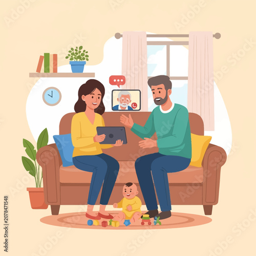 Vector illustration of young parents sitting on a couch video calling a grandfather via tablet while their baby plays with toys on the floor in a bright modern living room setting.