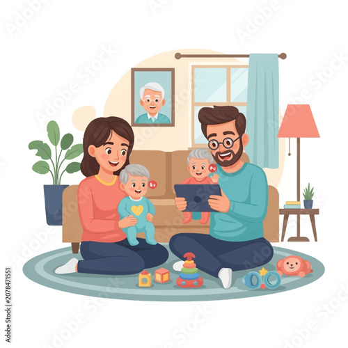 Vector illustration of young parents with two babies in a living room, using a tablet for a video call. Features toys, furniture, and a grandfather's portrait on the wall background.