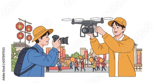Young photographers documenting a traditional Asian street festival with a professional camera and a drone, featuring red lanterns and people in costumes, vector illustration.