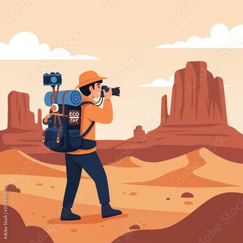 Vector illustration of a young male traveler with a large hiking backpack and orange hat taking photos in a desert canyon landscape with red rock buttes, sand dunes, and clouds.