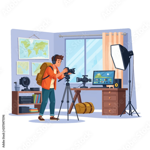 Vector illustration of a young male photographer wearing a backpack and headphones, operating a professional camera on a tripod in a home studio office with editing software and world maps.