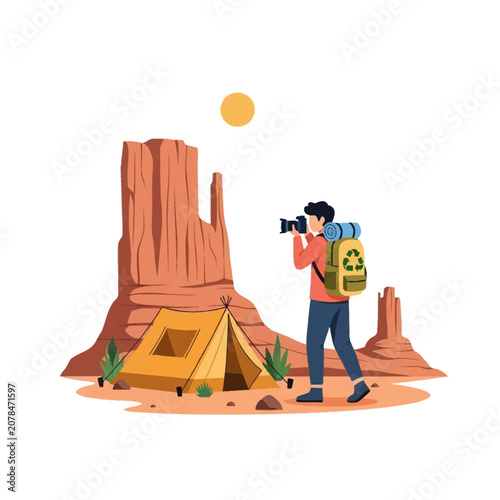 Vector illustration of a male photographer with a recycling-themed backpack taking photos in a desert landscape featuring a yellow tent and red sandstone mesas, isolated on white.