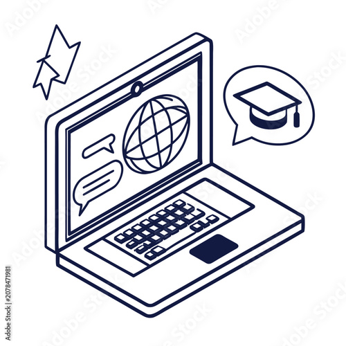 Illustration of an open laptop displaying a globe and chat icons on a flat vector screen design