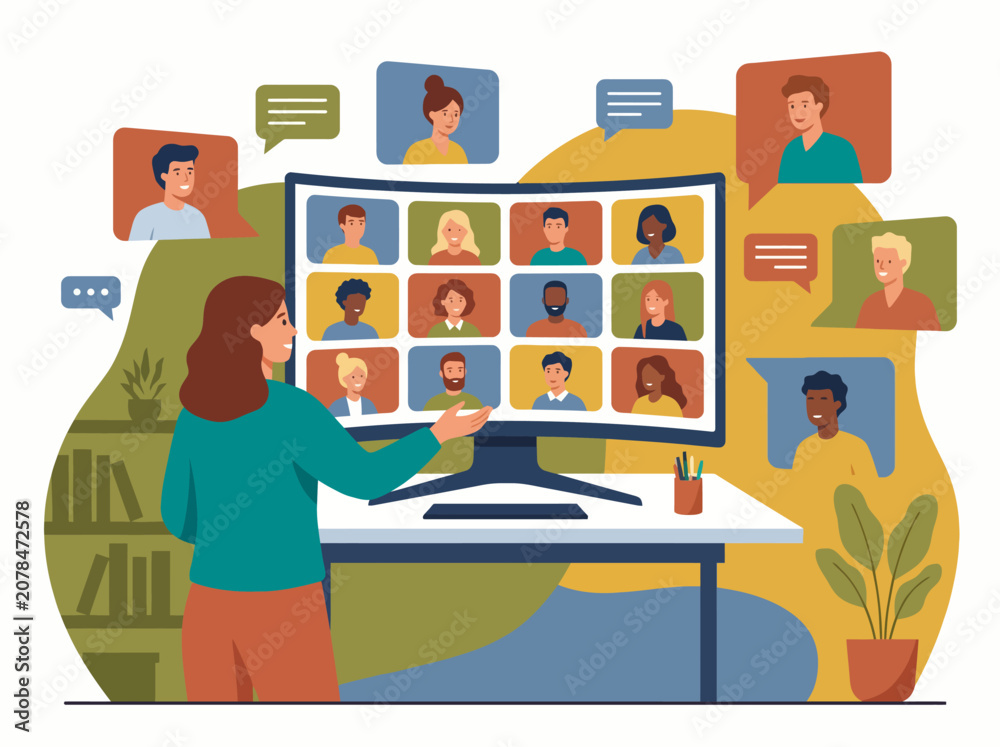 Fototapeta premium A vibrant illustration depicting a video conference setup with diverse individuals engaging in conversation, showcasing the modern approach to communication and teamwork.