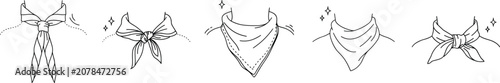 Konstfotografi Bandana and neck scarf tied styles line art vector illustration with various kno