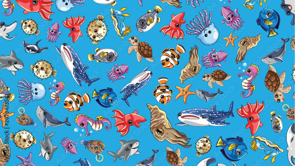 Fototapeta premium Seamless Pattern of Colorful Cartoon Ocean Animals and Sea Creatures
