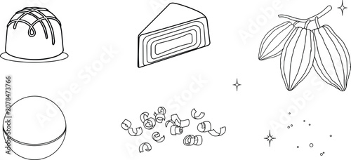 Foto Chocolate and cocoa line art icon set vector illustration with truffles cake pod