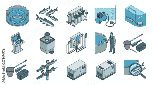 Canvas Print Isometric icons representing aquaculture and fish farming equipment and processes