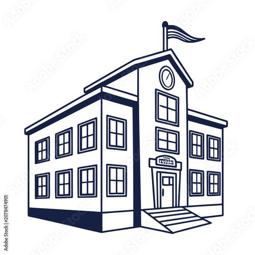 Vector illustration of a simple two-story school building featuring a clock tower, flag, and symmetrical windows.