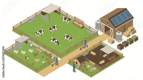 Konstfotografi Isometric illustration of a modern farm with cows, sheep, pigs, and chickens, featuring solar panels on the barn roof