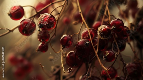 Dried redcurrant shriveled berries close up