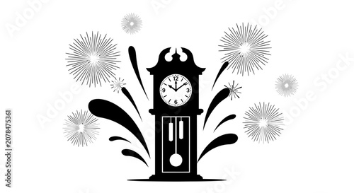 Bild auf Leinwand Black silhouette clock tower with fireworks on white background
