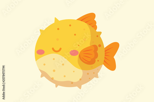 Tableau sur toile Cute yellow pufferfish character with orange fins and smiling face