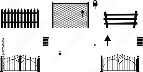 Foto Fences and gates silhouette icon set vector illustration with picket fence chain