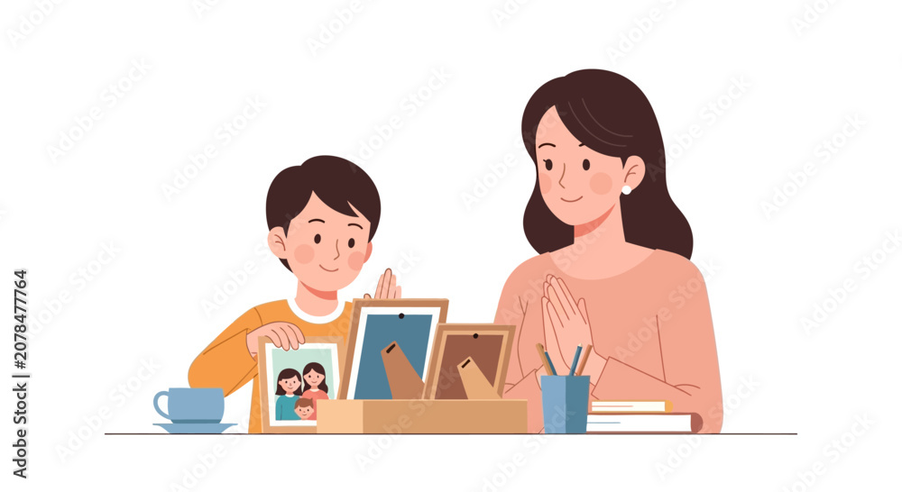 Fototapeta premium Mother and Son Cherishing Family Photos Together