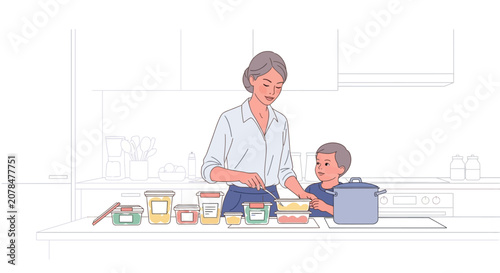 Mother and child cooking together in a bright, modern kitchen, preparing food in containers.