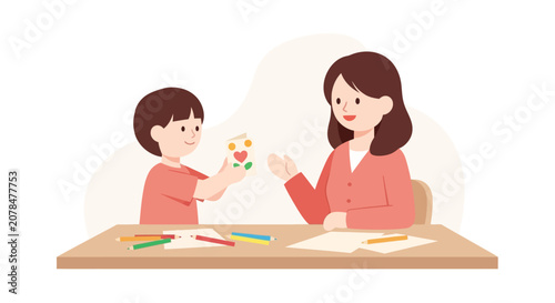Mother and child doing arts and crafts together, showing creativity and bonding