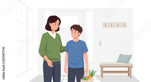 Mother and son carrying groceries home, happy family moment at the entrance